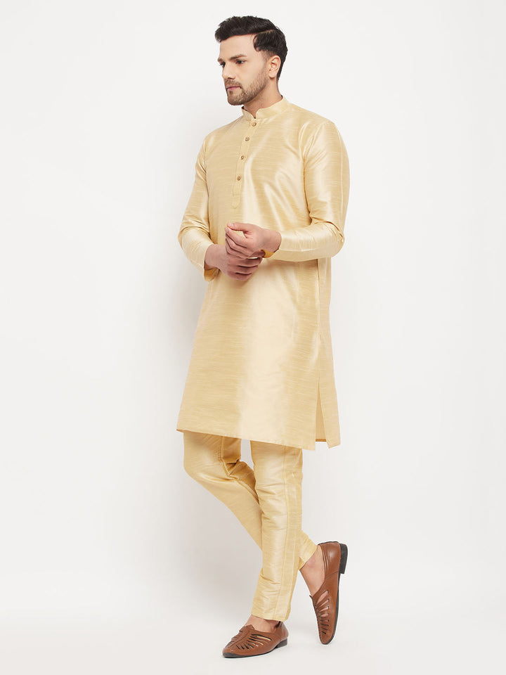 VM BY VASTRAMAY Men's Gold Cotton Silk Blend Kurta and Gold Pant Style Pyjama Set