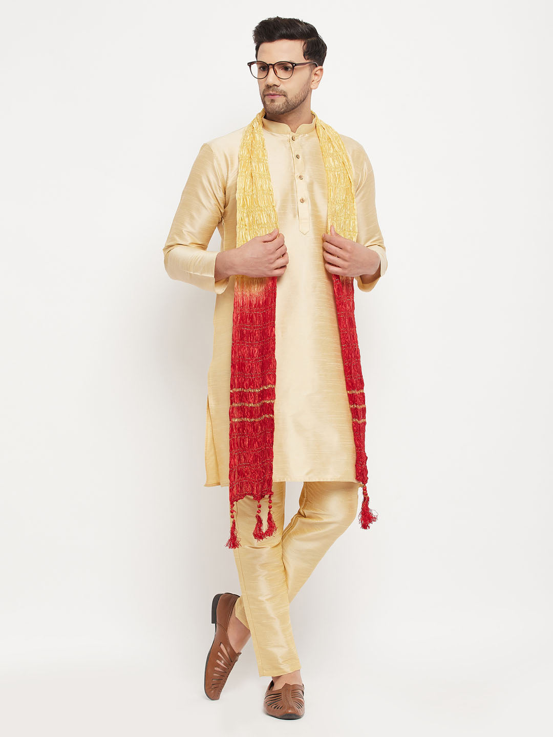 VM BY VASTRAMAY Men's Gold Cotton Silk Blend Kurta and Gold Pant Style Pyjama Set With Dupatta