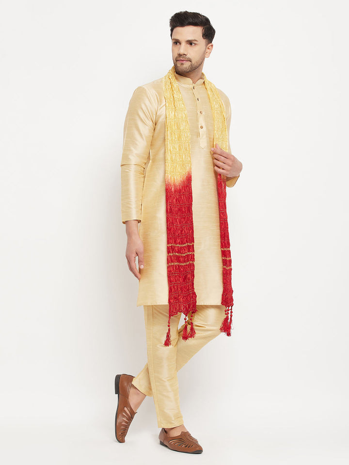 VM BY VASTRAMAY Men's Gold Cotton Silk Blend Kurta and Gold Pant Style Pyjama Set With Dupatta