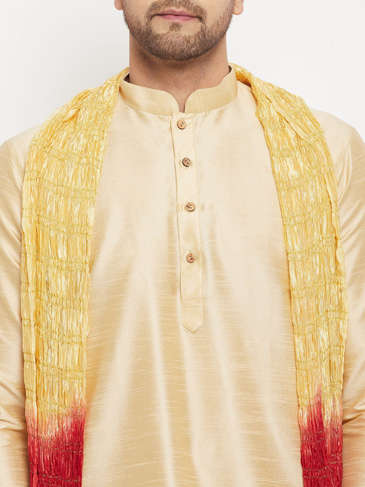 VM BY VASTRAMAY Men's Gold Cotton Silk Blend Kurta and Gold Pant Style Pyjama Set With Dupatta