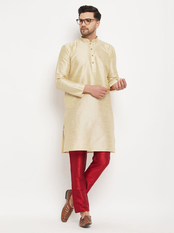 VM BY VASTRAMAY Men's Gold Cotton Silk Blend Kurta and Maroon Pant Style Pyjama Set