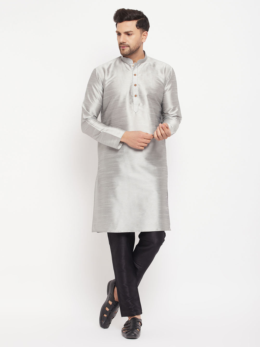 VM By VASTRAMAY Men's Grey Silk Blend Kurta and Black Pant Style Pyjama Set