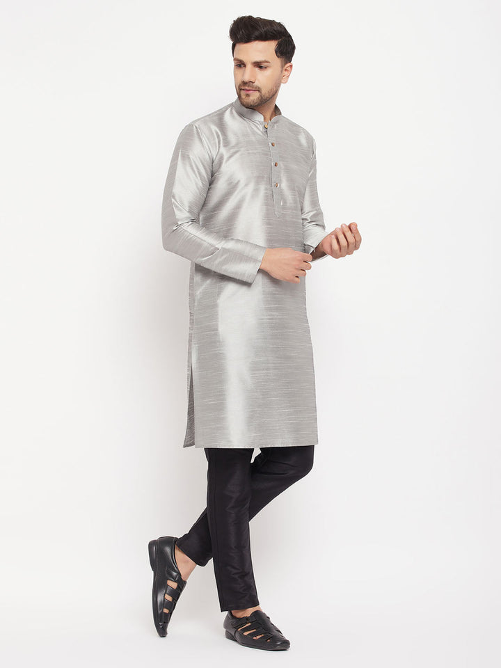 VM By VASTRAMAY Men's Grey Silk Blend Kurta and Black Pant Style Pyjama Set