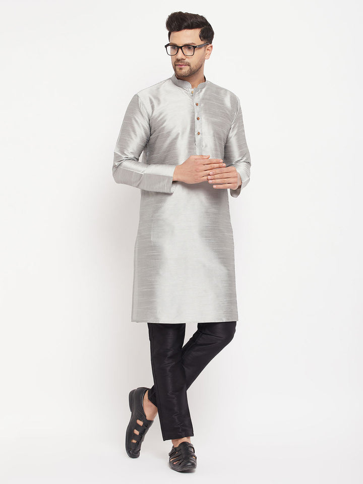 VM By VASTRAMAY Men's Grey Silk Blend Kurta and Black Pant Style Pyjama Set