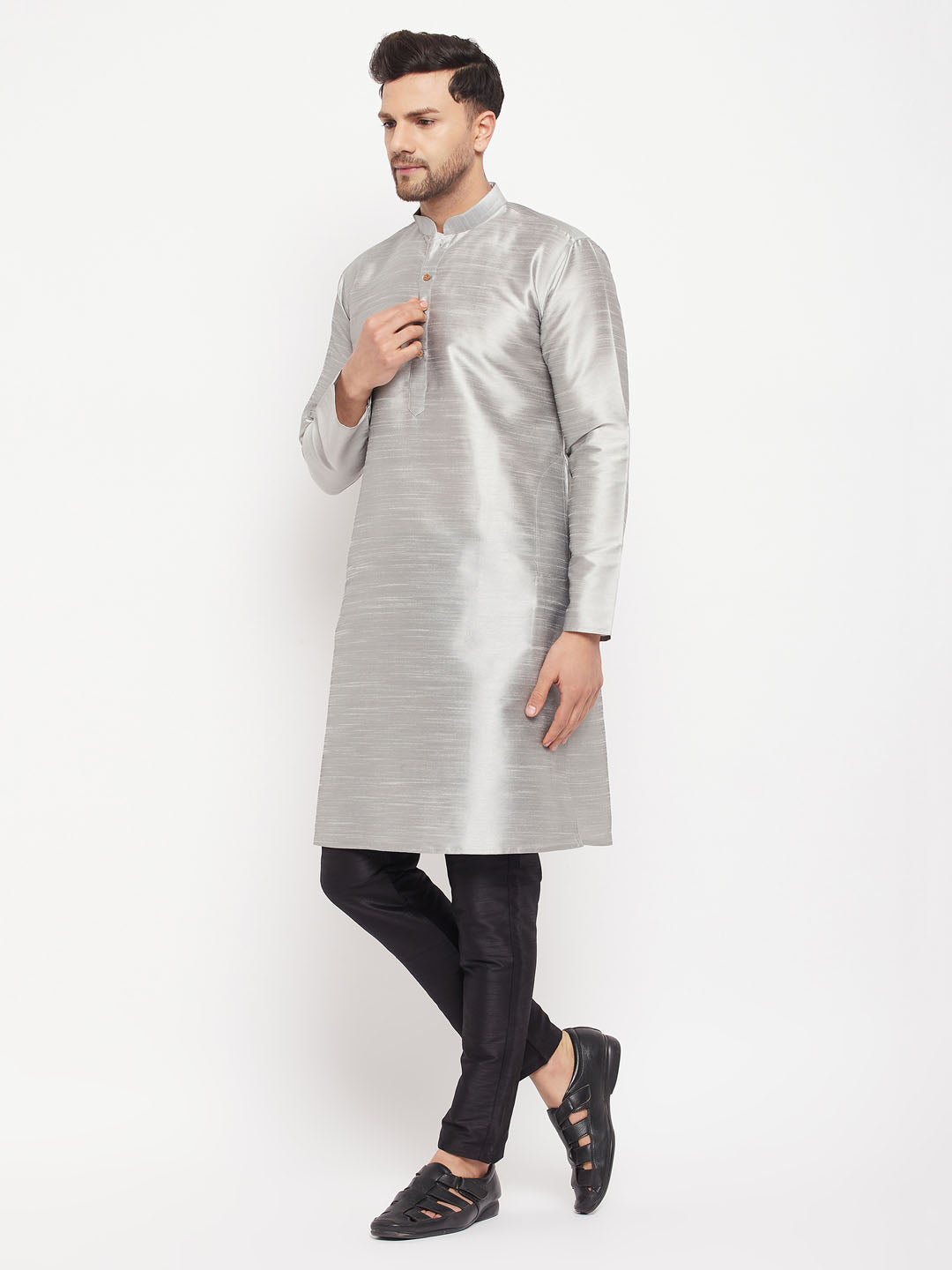 VM By VASTRAMAY Men's Grey Silk Blend Kurta and Black Pant Style Pyjama Set