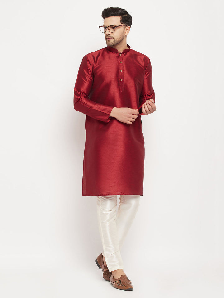 VM By VASTRAMAY Men's Maroon Silk Blend Kurta and Cream Pant Style Pyjama Set