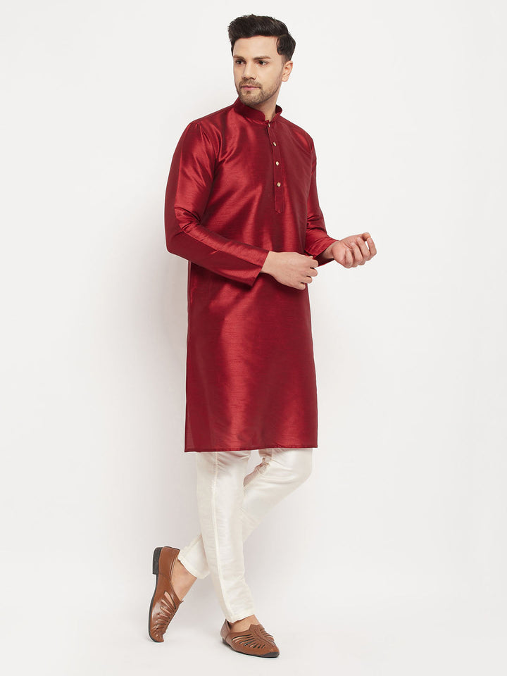 VM By VASTRAMAY Men's Maroon Silk Blend Kurta and Cream Pant Style Pyjama Set