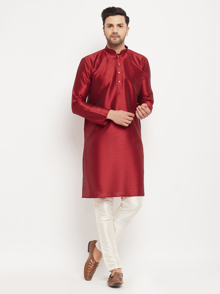 VM By VASTRAMAY Men's Maroon Silk Blend Kurta and Cream Pant Style Pyjama Set