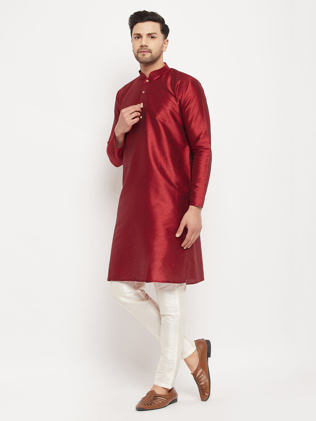 VM By VASTRAMAY Men's Maroon Silk Blend Kurta and Cream Pant Style Pyjama Set