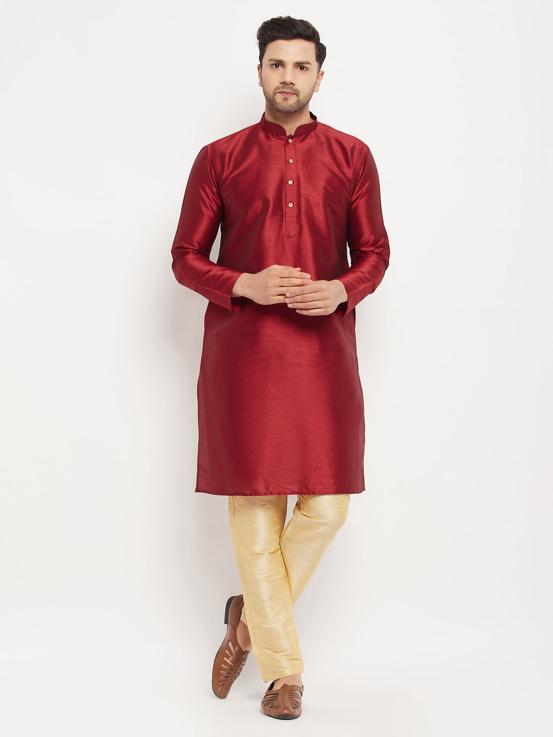 VM By VASTRAMAY Men's Maroon Silk Blend Kurta and Gold Pant Style Pyjama Set