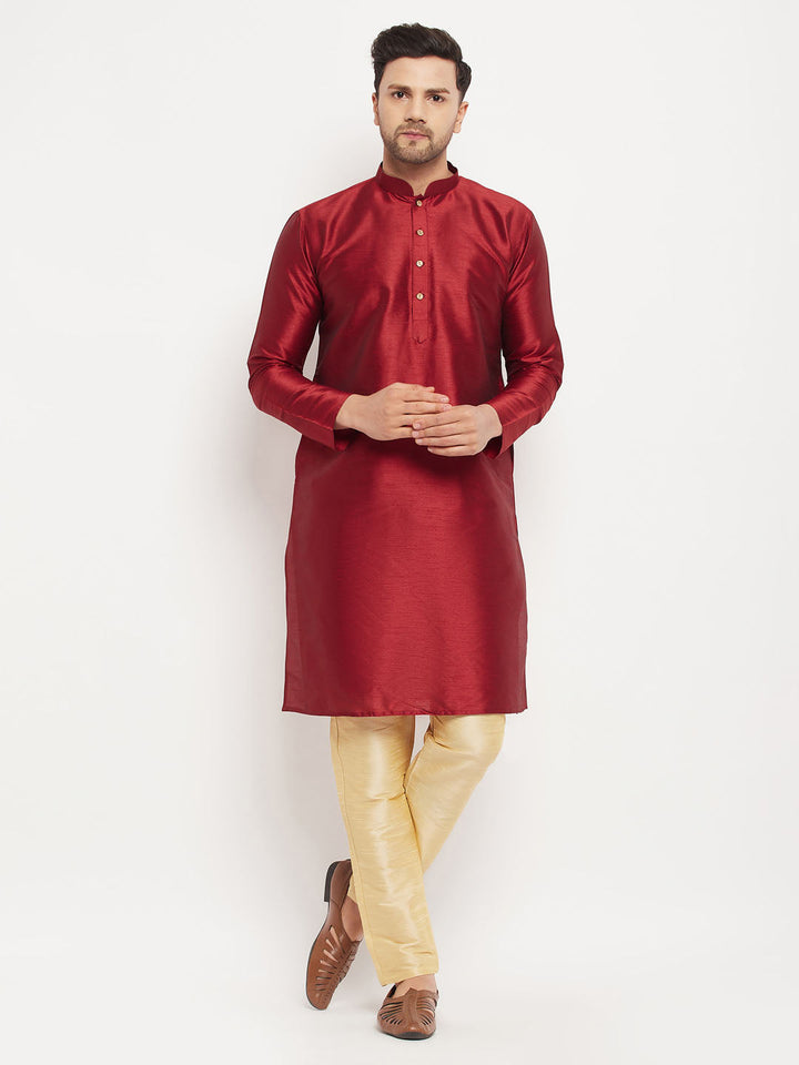 VM By VASTRAMAY Men's Maroon Silk Blend Kurta and Gold Pant Style Pyjama Set