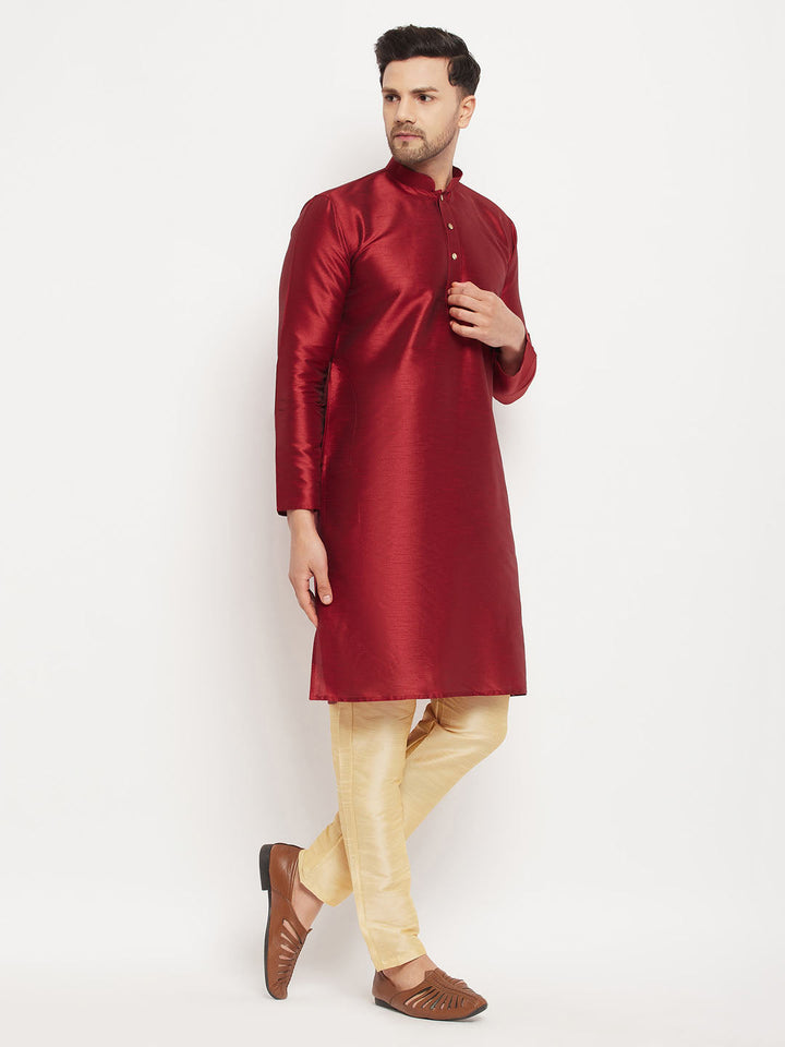 VM By VASTRAMAY Men's Maroon Silk Blend Kurta and Gold Pant Style Pyjama Set