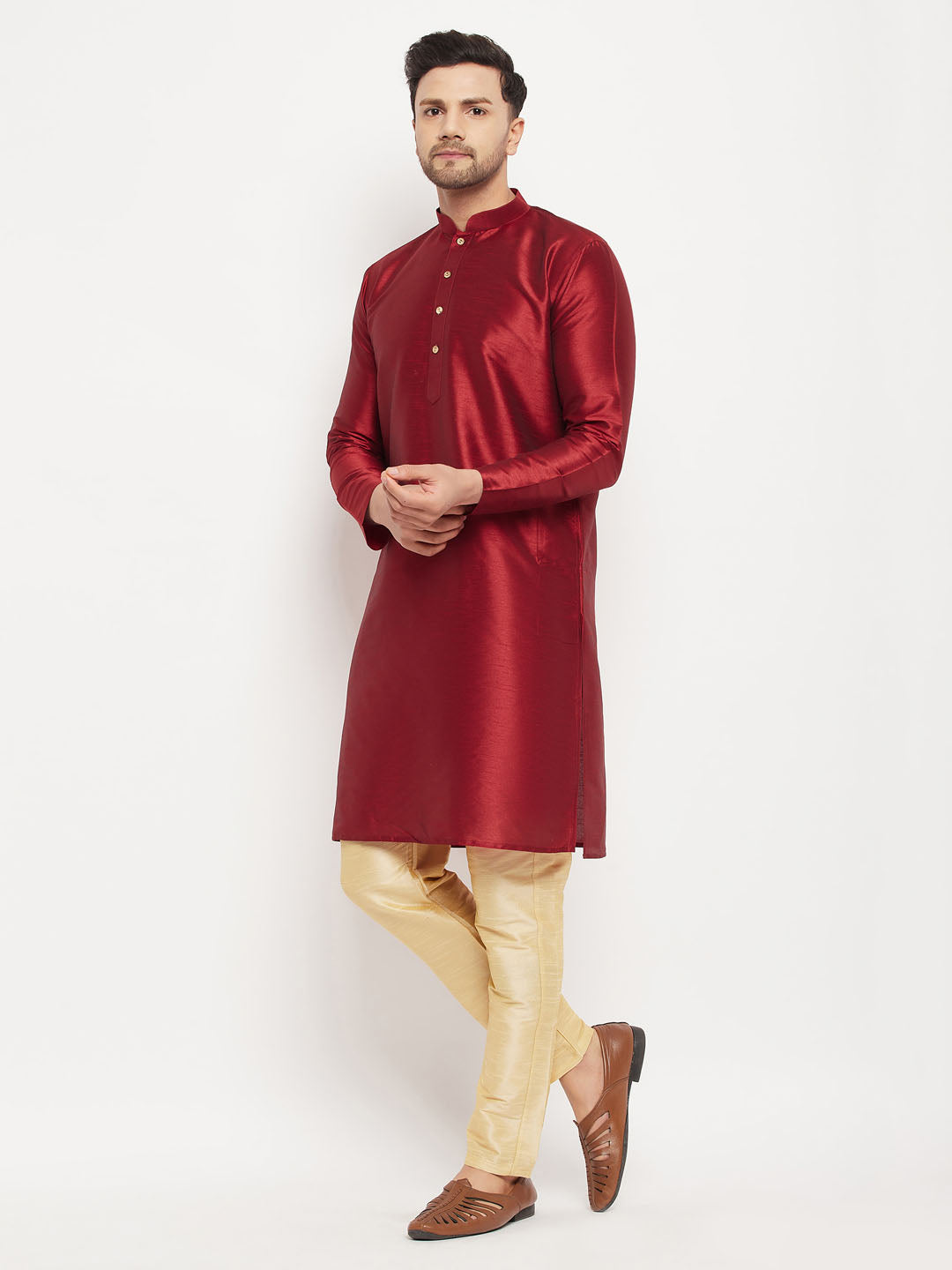 VM By VASTRAMAY Men's Maroon Silk Blend Kurta and Gold Pant Style Pyjama Set