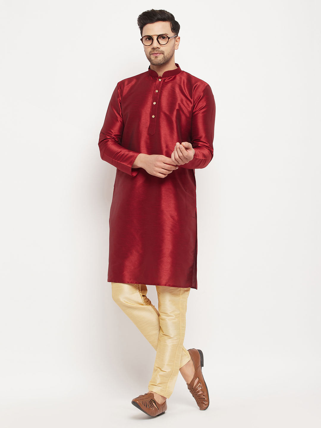 VM By VASTRAMAY Men's Maroon Silk Blend Kurta and Gold Pant Style Pyjama Set