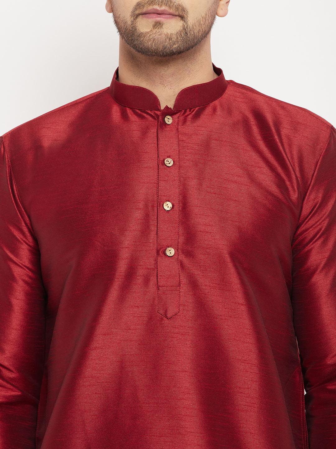 Men's Maroon Silk Blend Kurta And Maroon Pant Style Pyjama Set