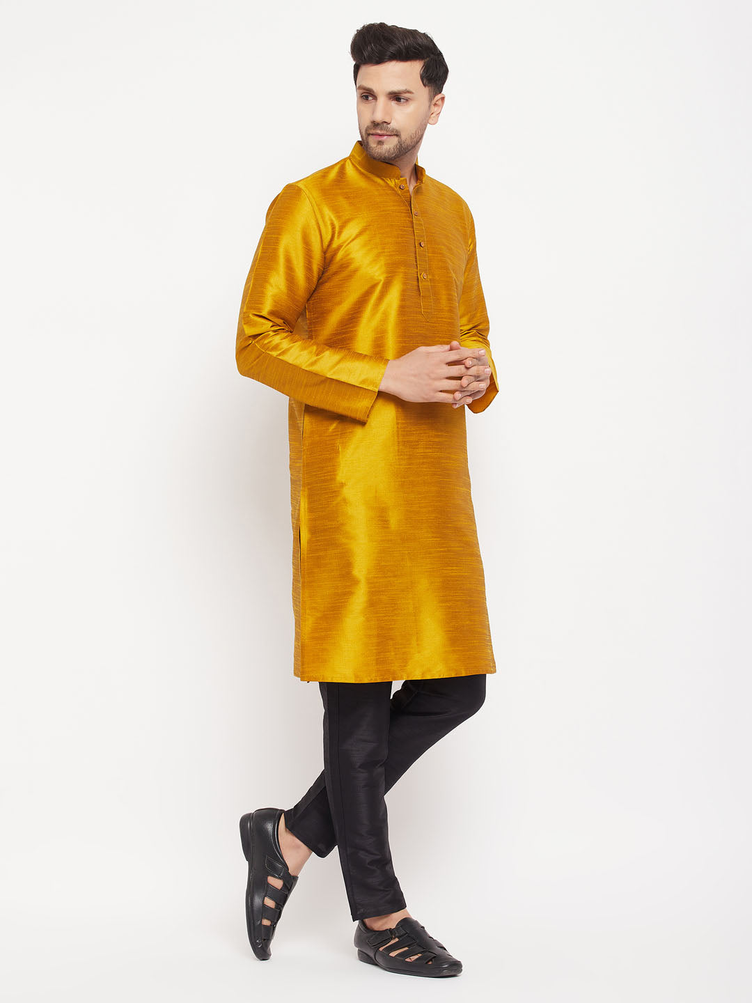 VM BY VASTRAMAY Men's Mustard Cotton Silk Blend Kurta