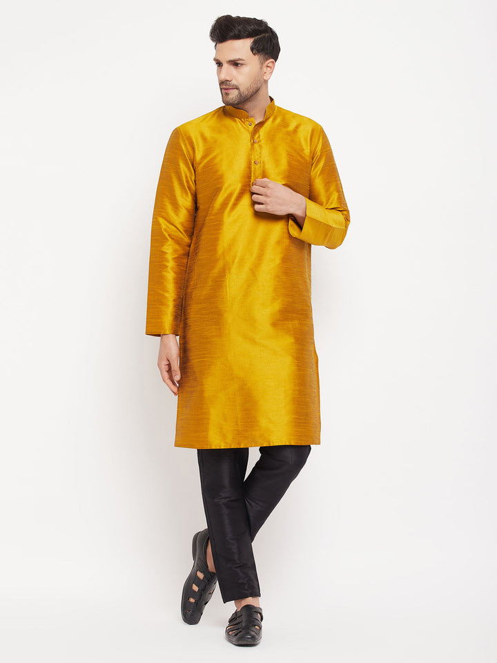 VM BY VASTRAMAY Men's Mustard Silk Blend Kurta and Black Pant Style Pyjama Set