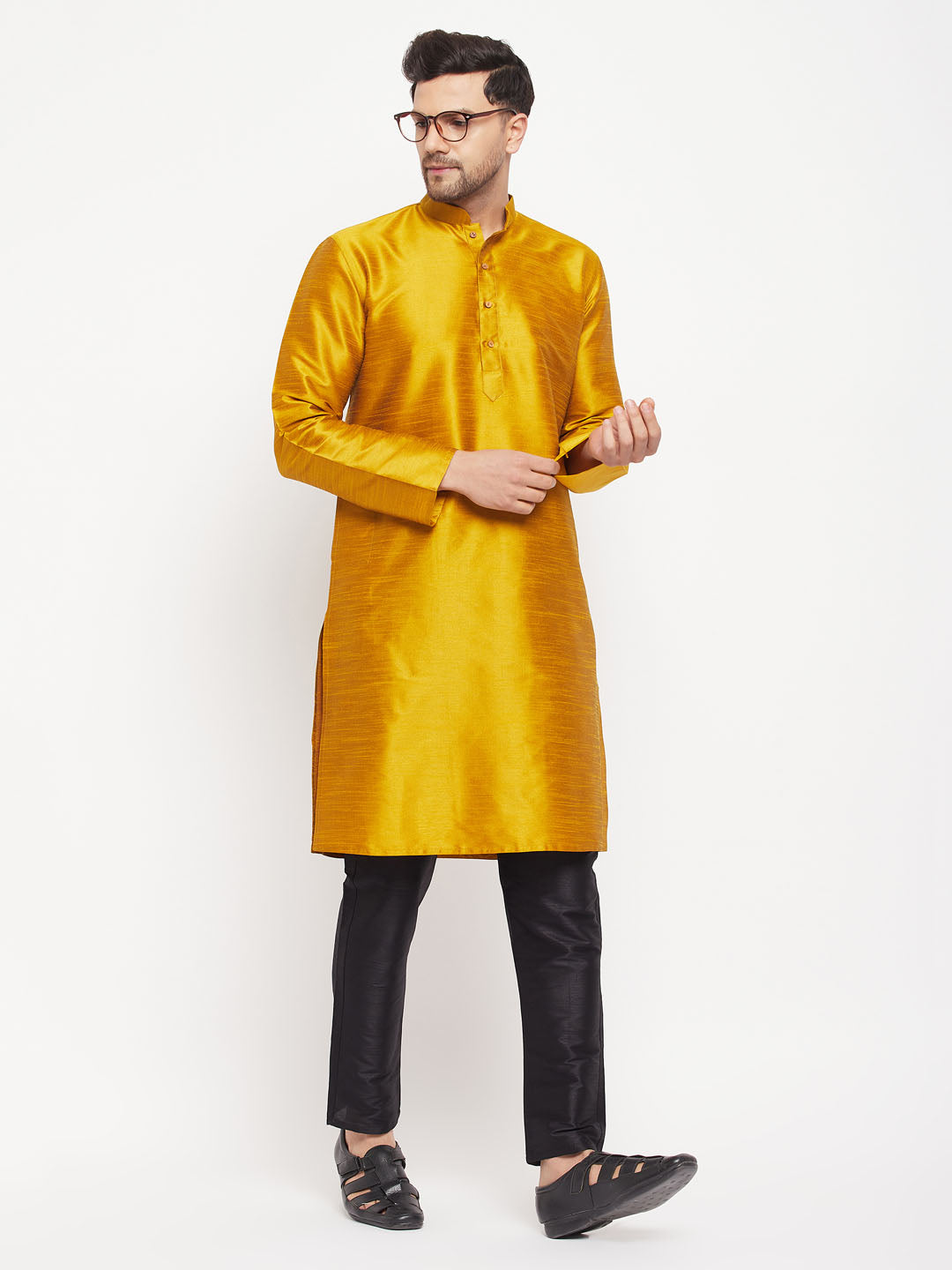 VM BY VASTRAMAY Men's Mustard Silk Blend Kurta and Black Pant Style Pyjama Set