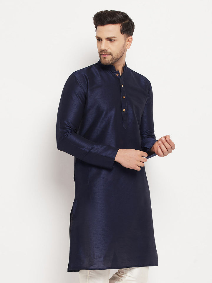 VM BY VASTRAMAY Men's Dark Blue Cotton Silk Blend Kurta