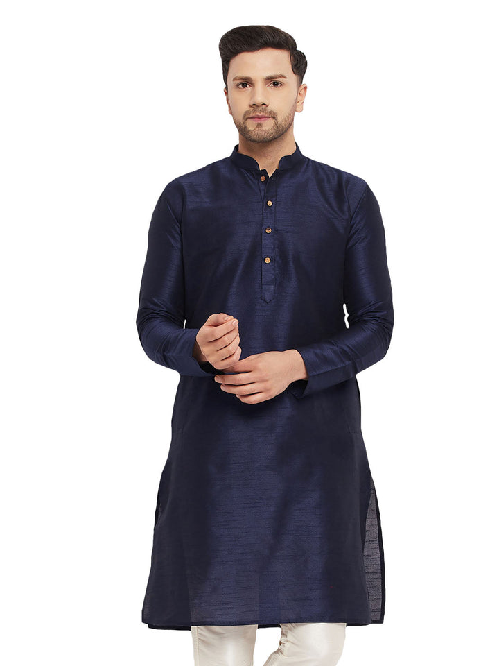 VM BY VASTRAMAY Men's Dark Blue Cotton Silk Blend Kurta