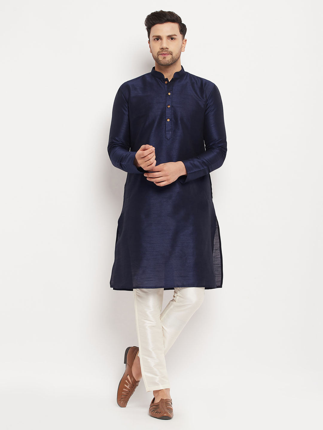 VM BY VASTRAMAY Men's Navy Blue Silk Blend Kurta and Cream Pant Style Pyjama Set