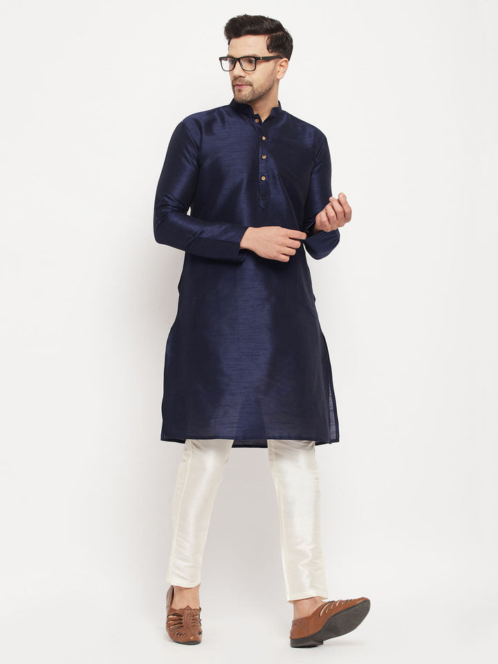 VM BY VASTRAMAY Men's Navy Blue Silk Blend Kurta and Cream Pant Style Pyjama Set