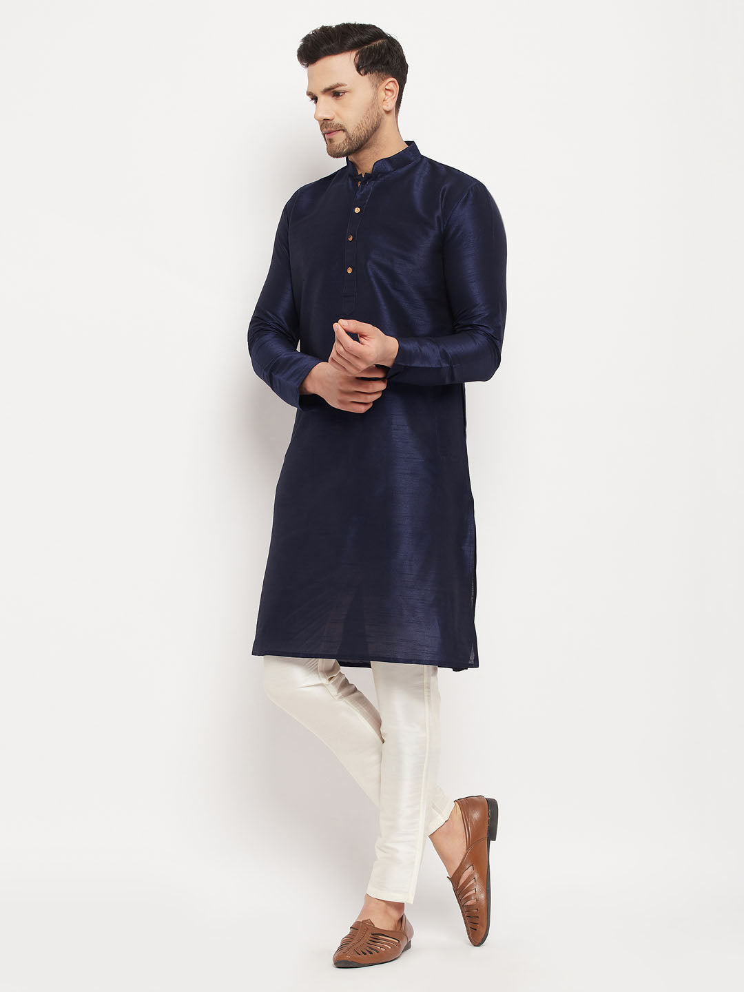 VM BY VASTRAMAY Men's Navy Blue Silk Blend Kurta and Cream Pant Style Pyjama Set