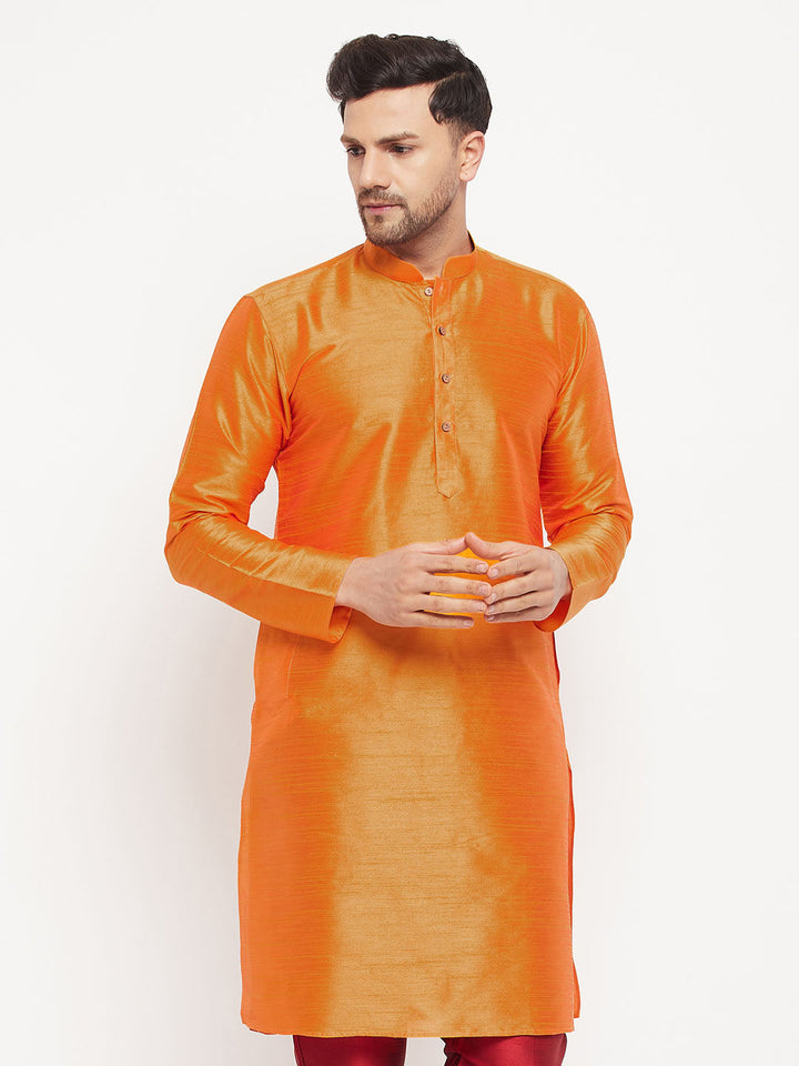 VM BY VASTRAMAY Men's Orange Cotton Silk Blend Kurta