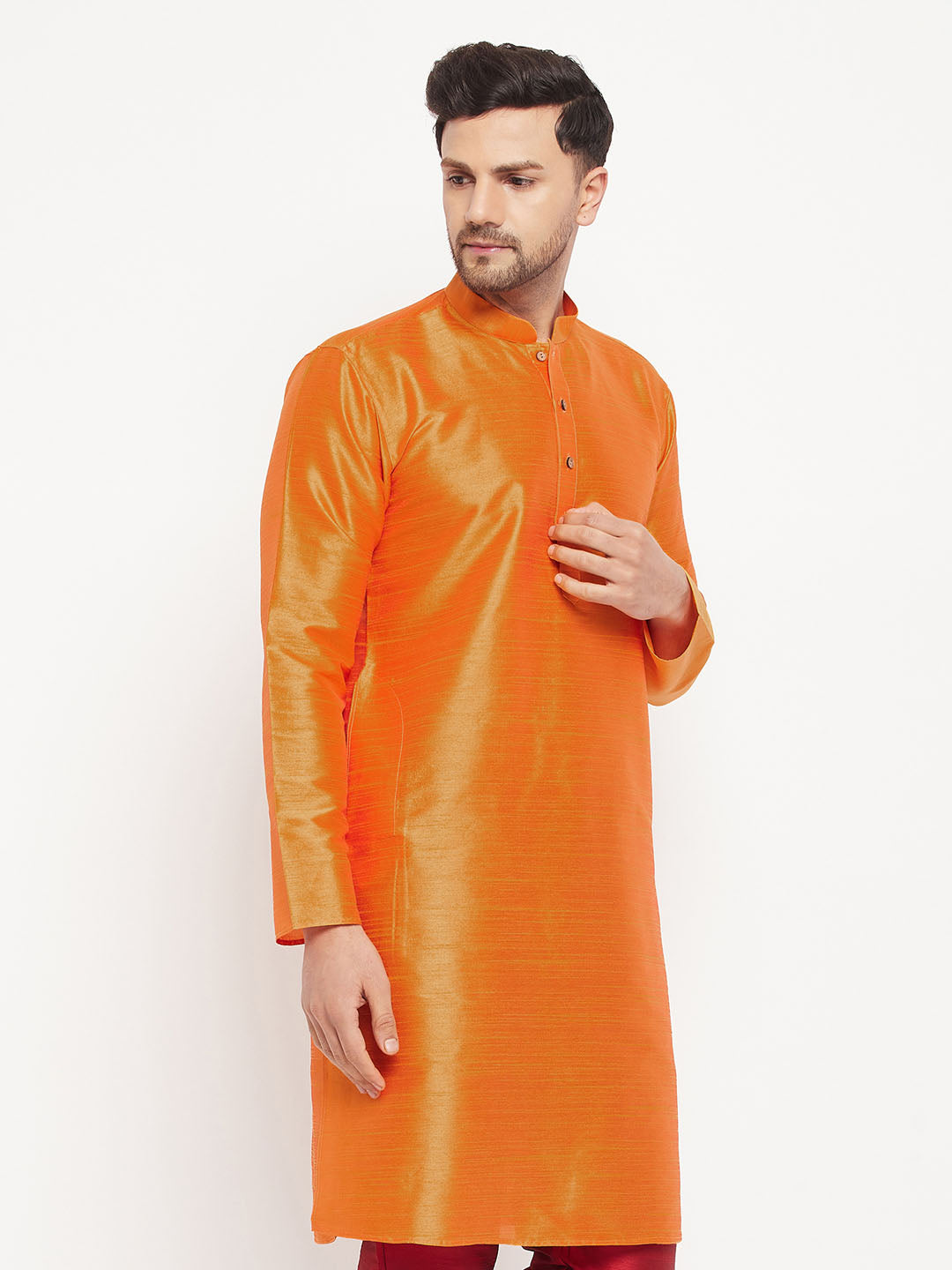 VM BY VASTRAMAY Men's Orange Cotton Silk Blend Kurta