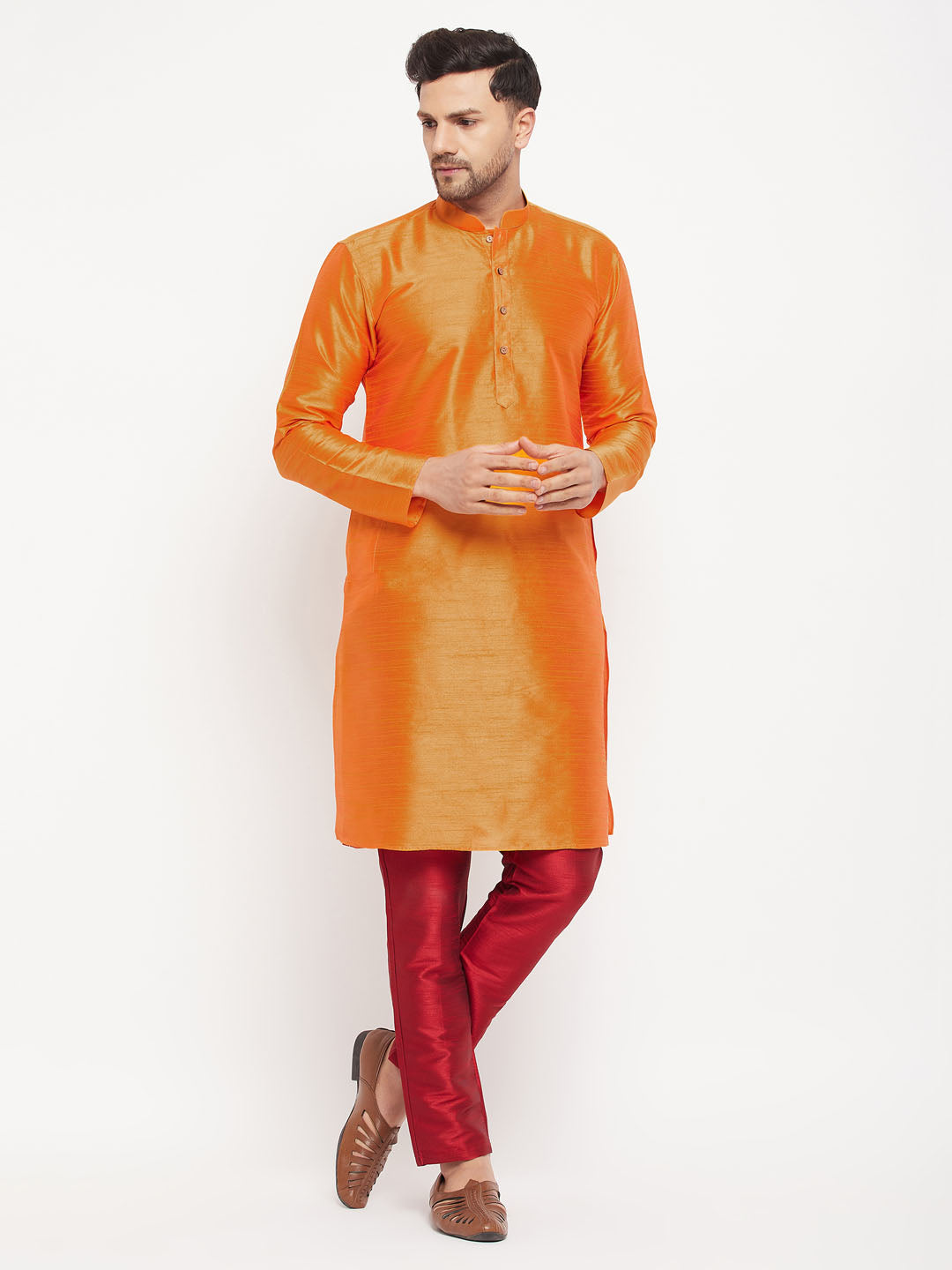 VM BY VASTRAMAY Men's Orange Silk Blend Kurta and Maroon Pant Style Pyjama Set