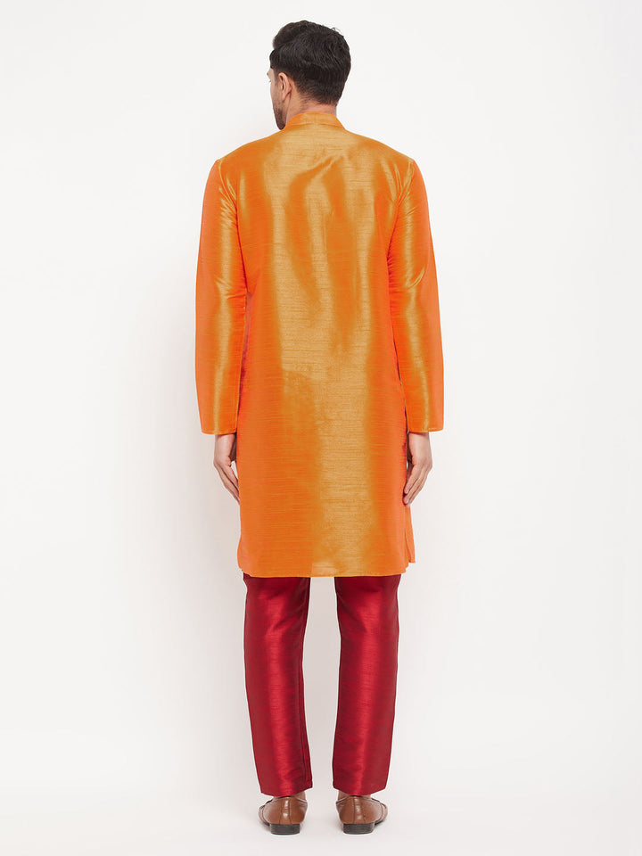 VM BY VASTRAMAY Men's Orange Silk Blend Kurta and Maroon Pant Style Pyjama Set