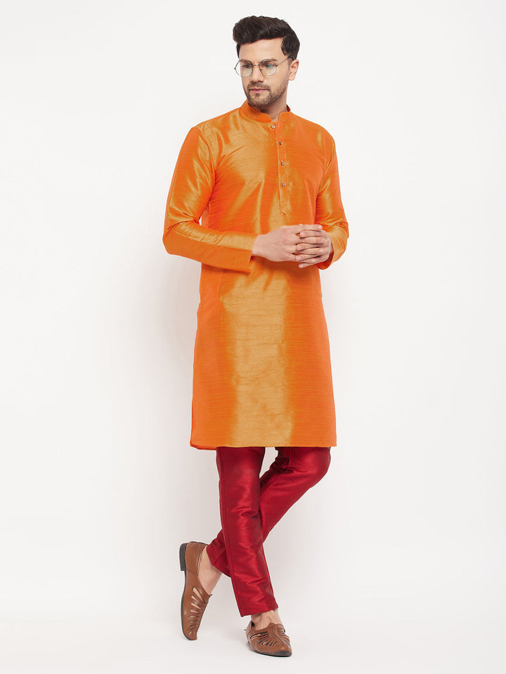 VM BY VASTRAMAY Men's Orange Silk Blend Kurta and Maroon Pant Style Pyjama Set