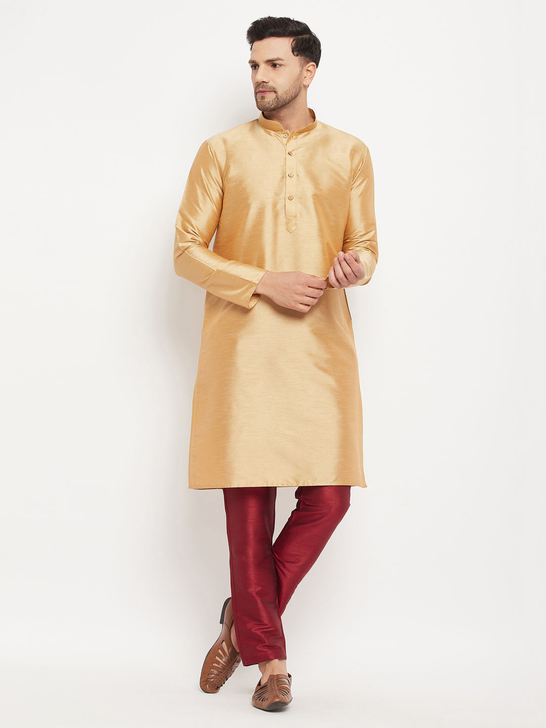 VM BY VASTRAMAY Men's Rose Gold Silk Blend Kurta and Maroon Pant Style Pyjama Set