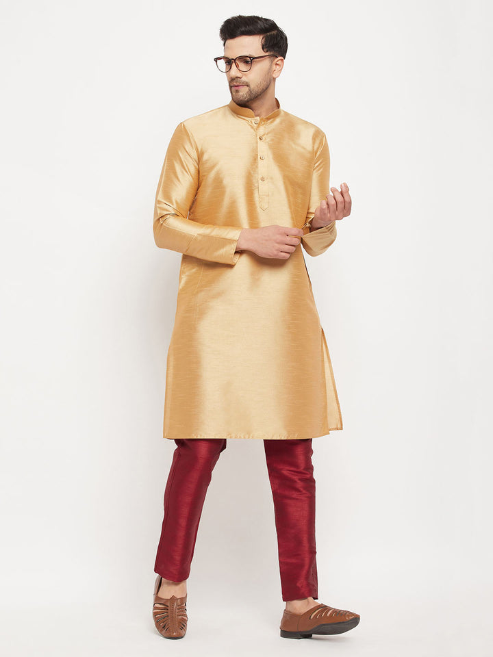 VM BY VASTRAMAY Men's Rose Gold Silk Blend Kurta and Maroon Pant Style Pyjama Set