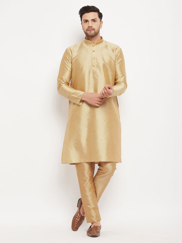 VM BY VASTRAMAY Men's Rose Gold Silk Blend Kurta and Rose Gold Pant Style Pyjama Set