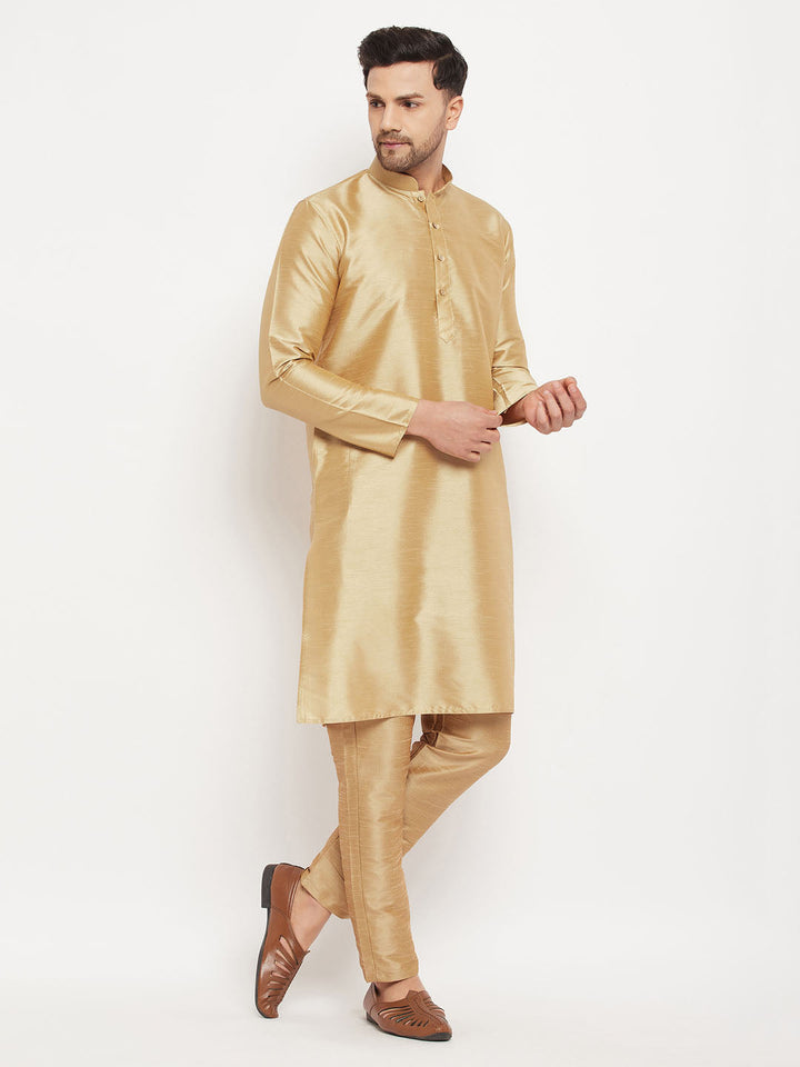 VM BY VASTRAMAY Men's Rose Gold Silk Blend Kurta and Rose Gold Pant Style Pyjama Set