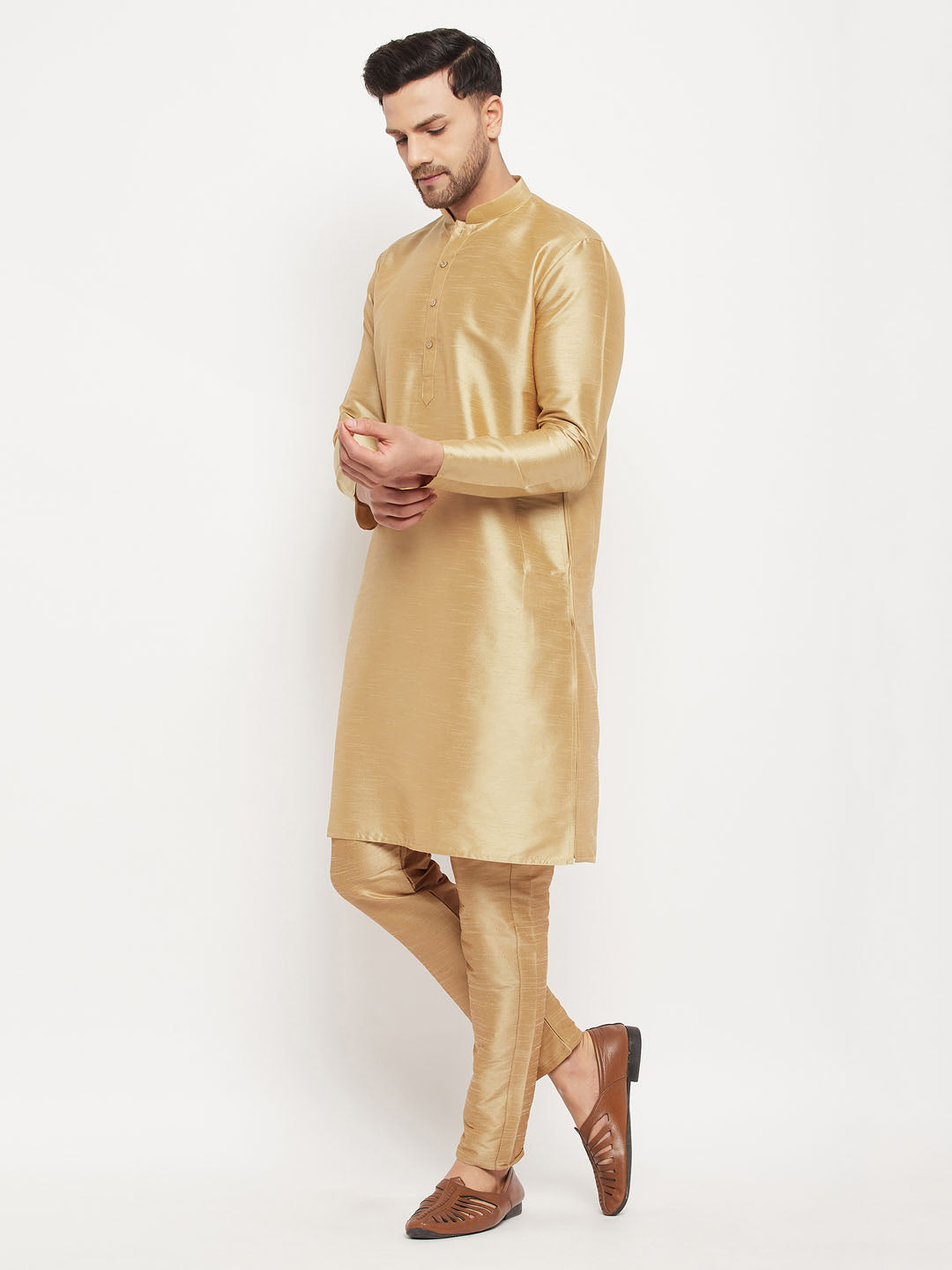 VM BY VASTRAMAY Men's Rose Gold Silk Blend Kurta and Rose Gold Pant Style Pyjama Set