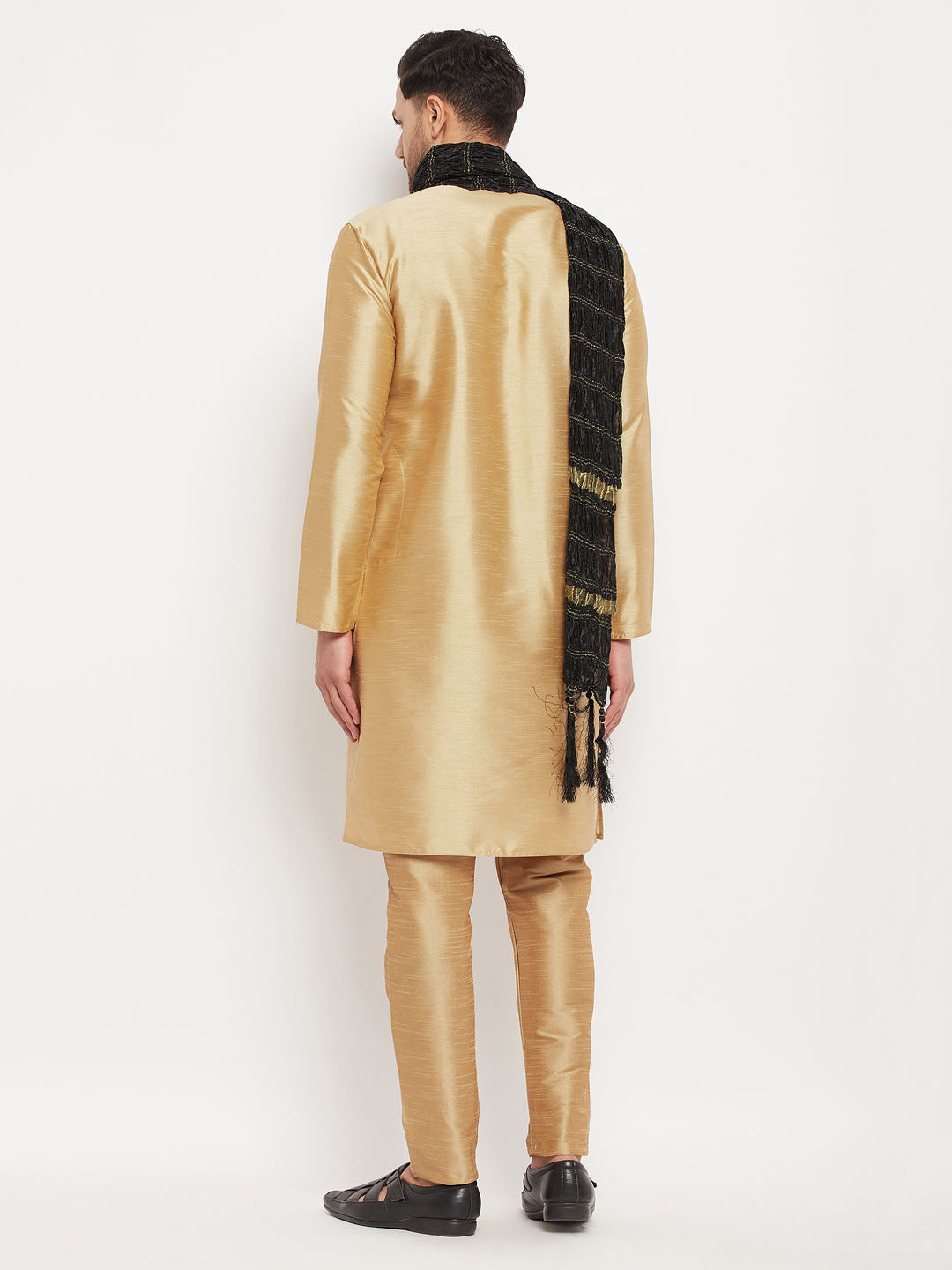 Men's Rose Gold And Black Silk Blend Kurta, Pyjama & Dupatta Set