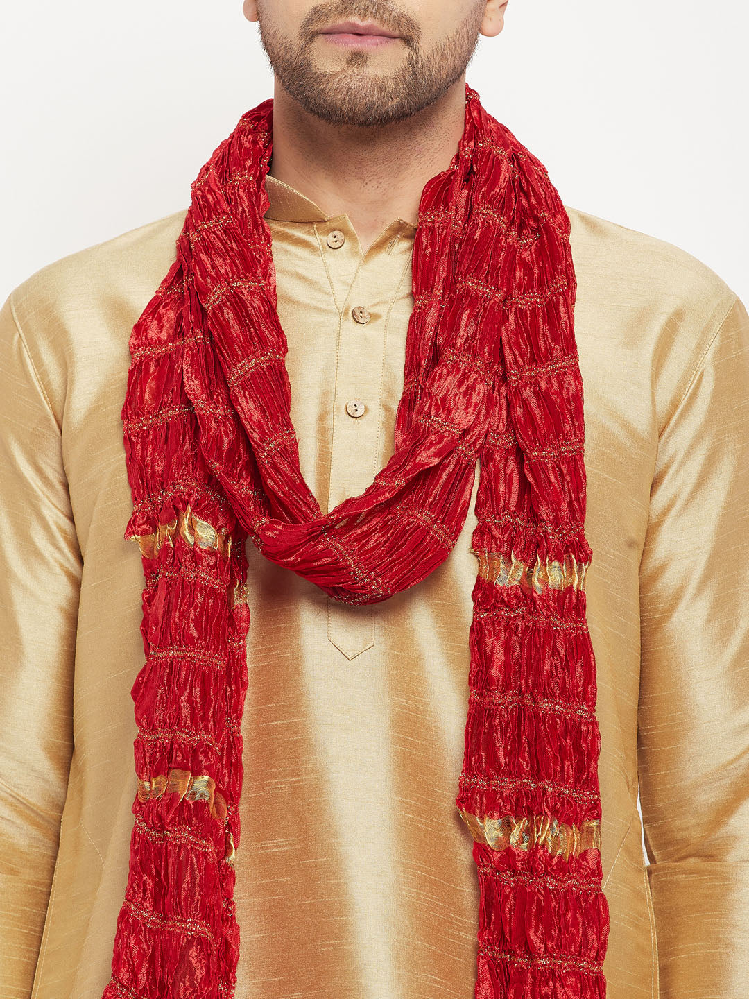 Men's Rose Gold And Maroon Silk Blend Kurta, Pyjama & Dupatta Set