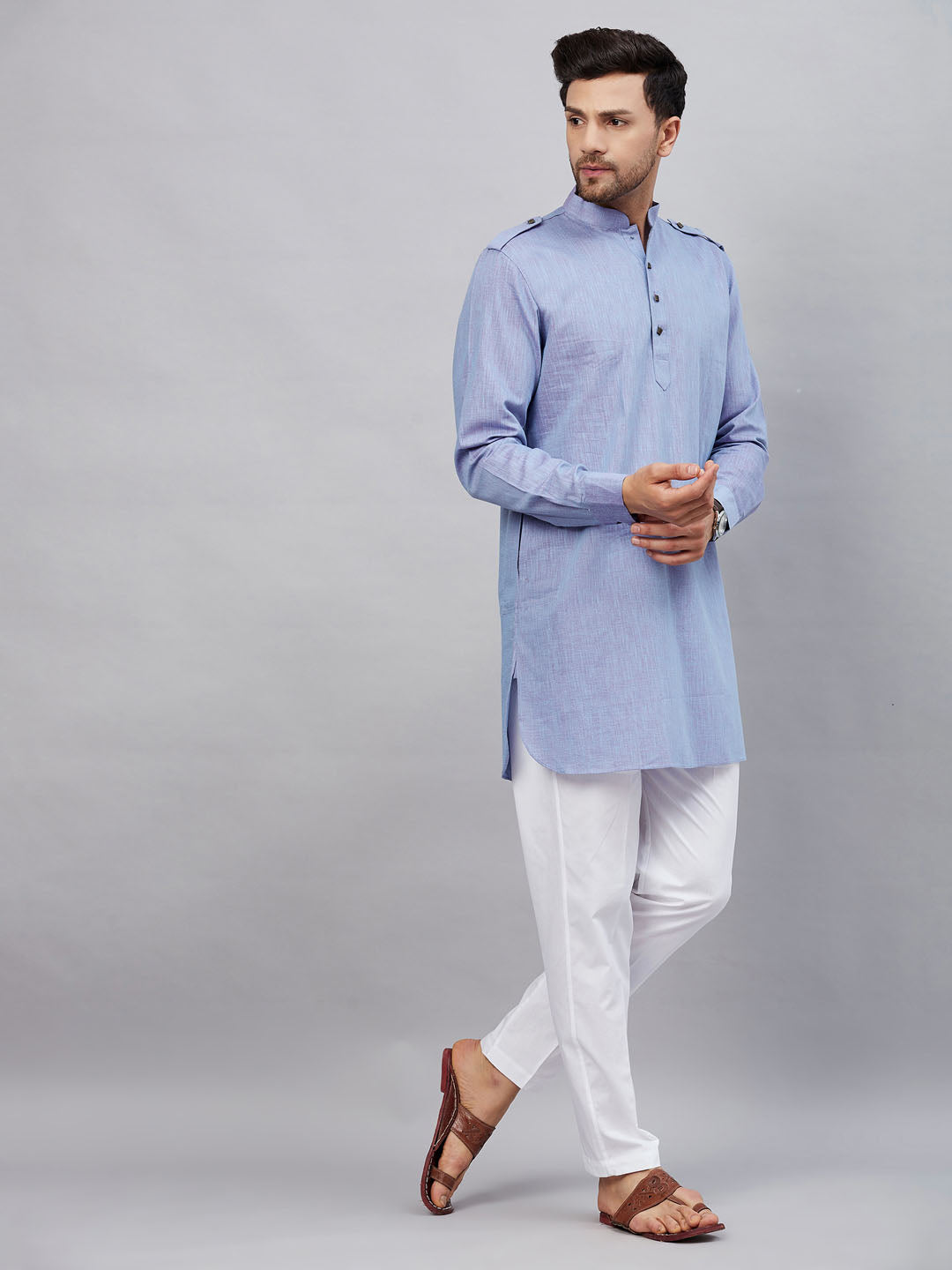 VM By VASTRAMAY Men's Blue Cotton Blend Kurta and White Pant Set