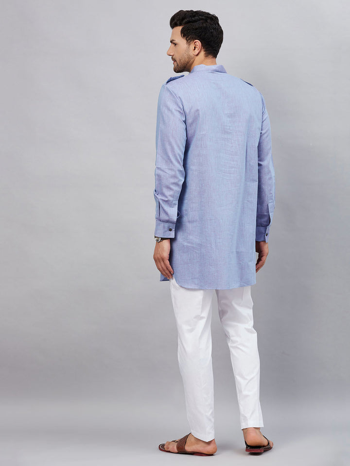  Close-up of the fabric and stitching of VM By VASTRAMAY Men's Blue Cotton Blend Kurta