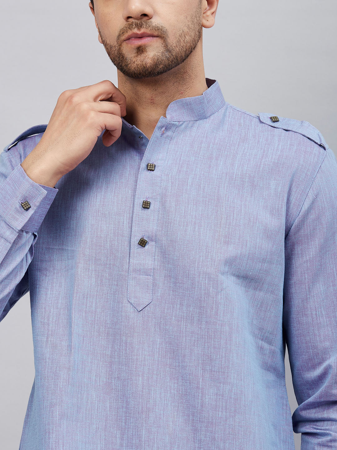  Close-up of the intricate embroidery and design details on the VM By VASTRAMAY Men's Blue Cotton Blend Kurta