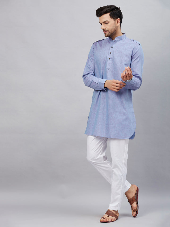 Front view of VM By VASTRAMAY Men's Blue Cotton Blend Kurta with White Pant Set, perfect for traditional occasions and events