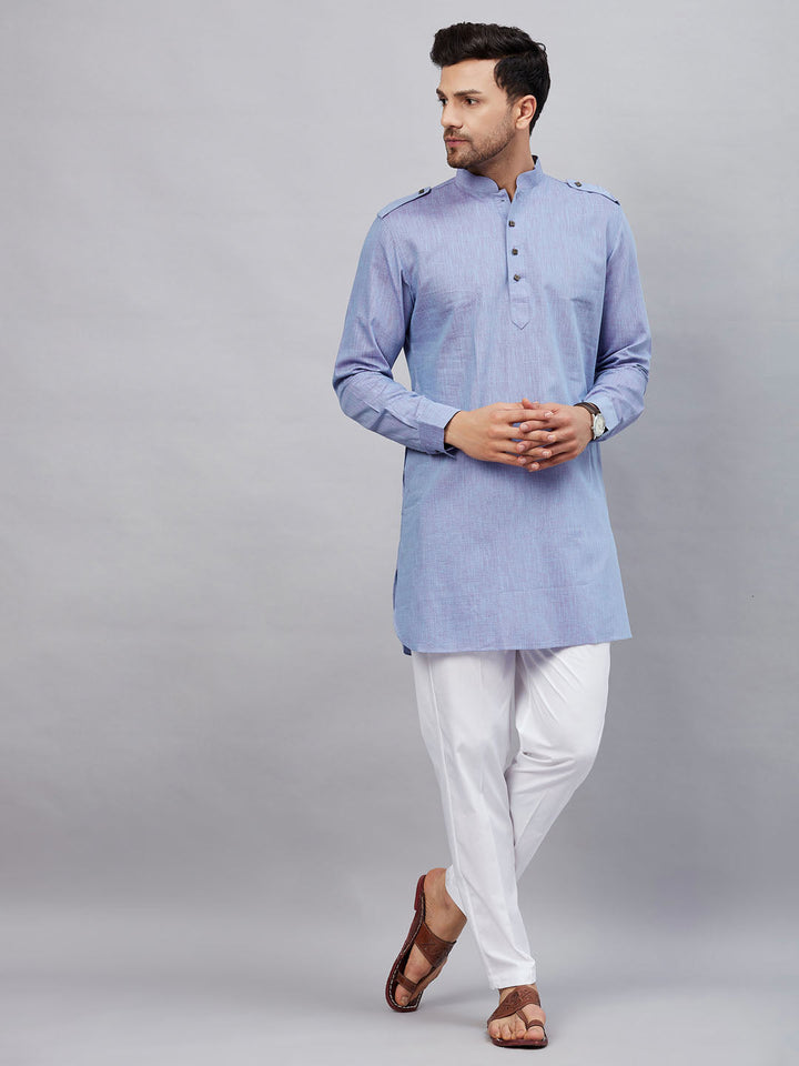  Men's Blue Cotton Blend Kurta with intricate traditional design