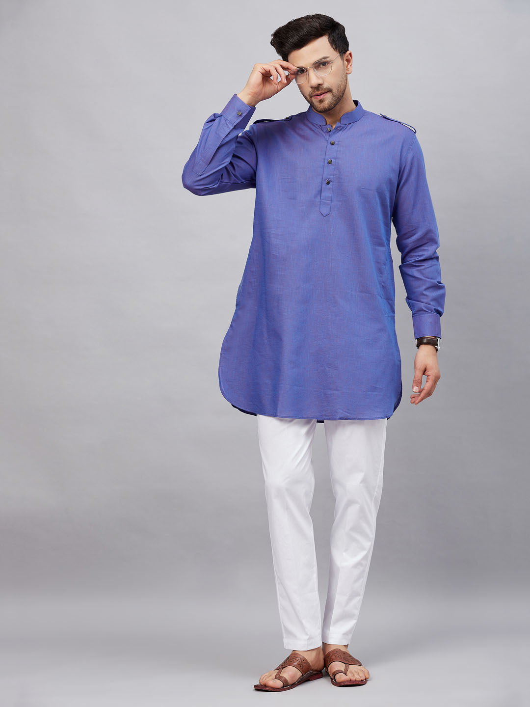 VM By VASTRAMAY Men's Purple Cotton Blend Kurta and White Pant Set, perfect for traditional Indian occasions and events, with intricate embroidery and comfortable fit