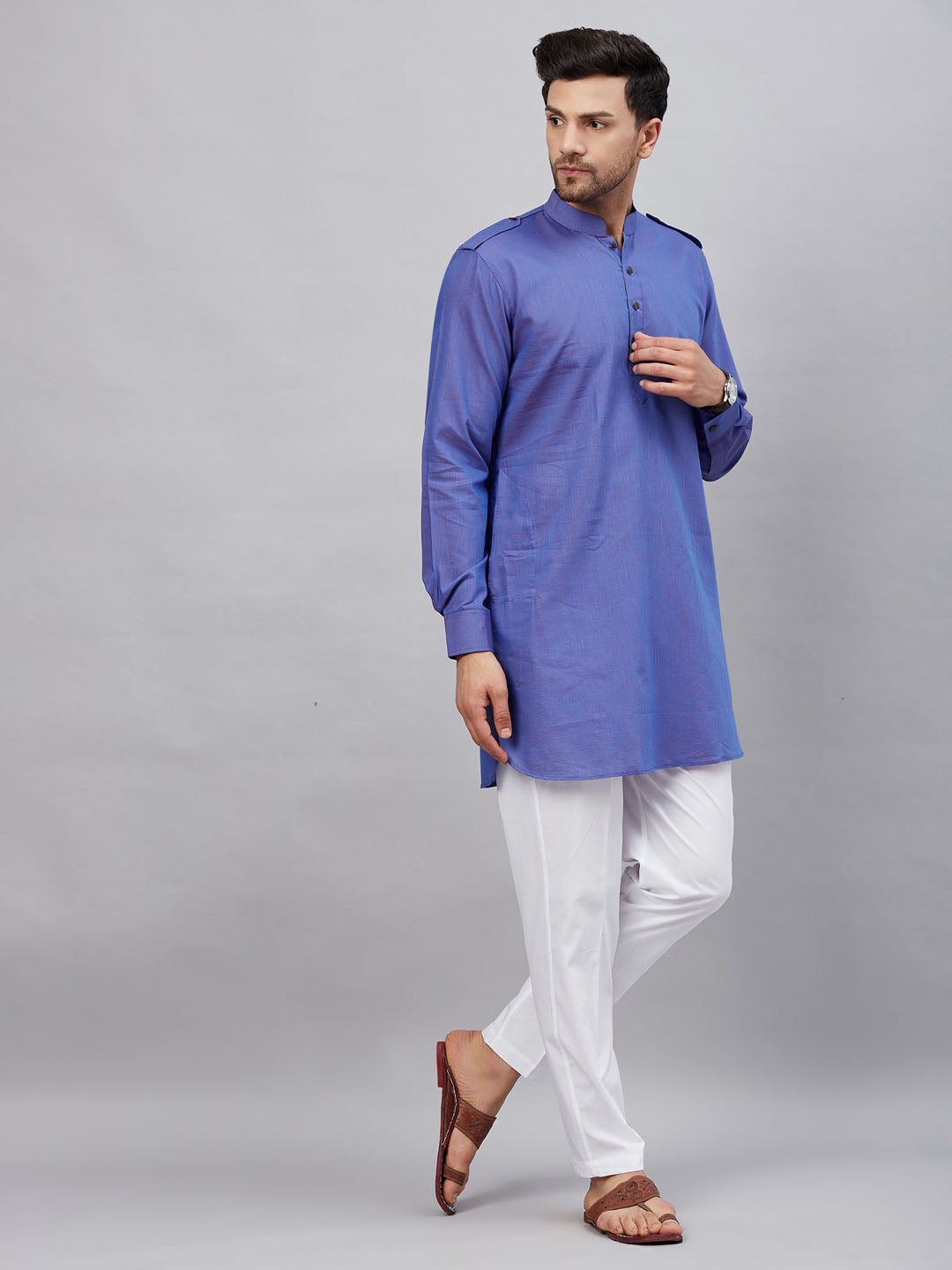 VM By VASTRAMAY Men's Purple Cotton Blend Kurta and White Pant Set - traditional Indian outfit for men in purple and white colors