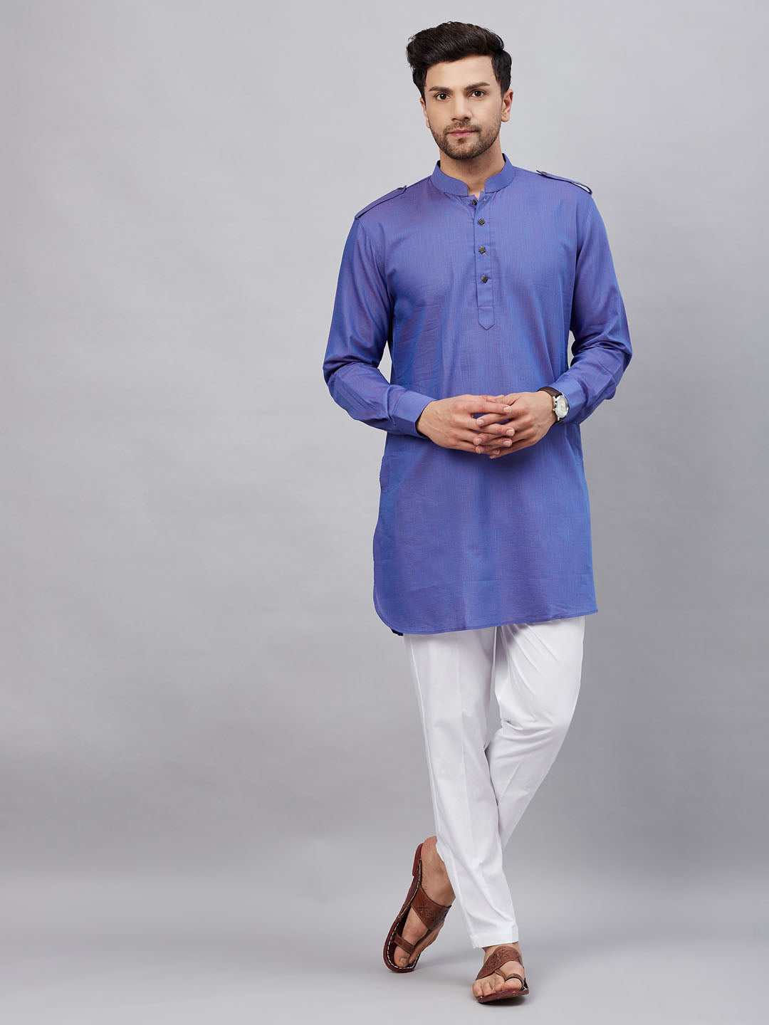 VM By VASTRAMAY Men's Purple Cotton Blend Kurta and White Pant Set