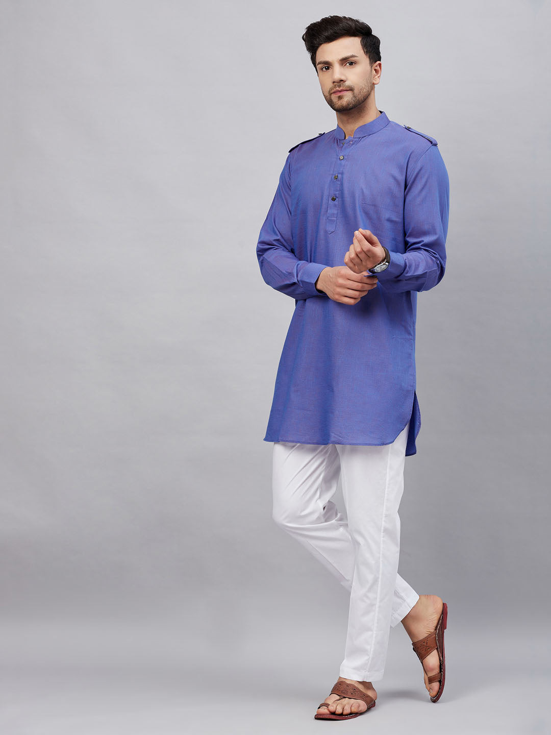 VM By VASTRAMAY Men's Purple Cotton Blend Kurta and White Pant Set