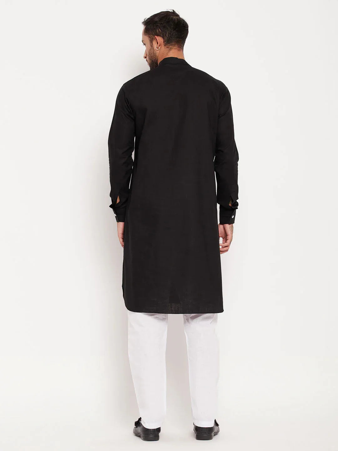 Men's Black And White Cotton Blend Pathani Suit Set