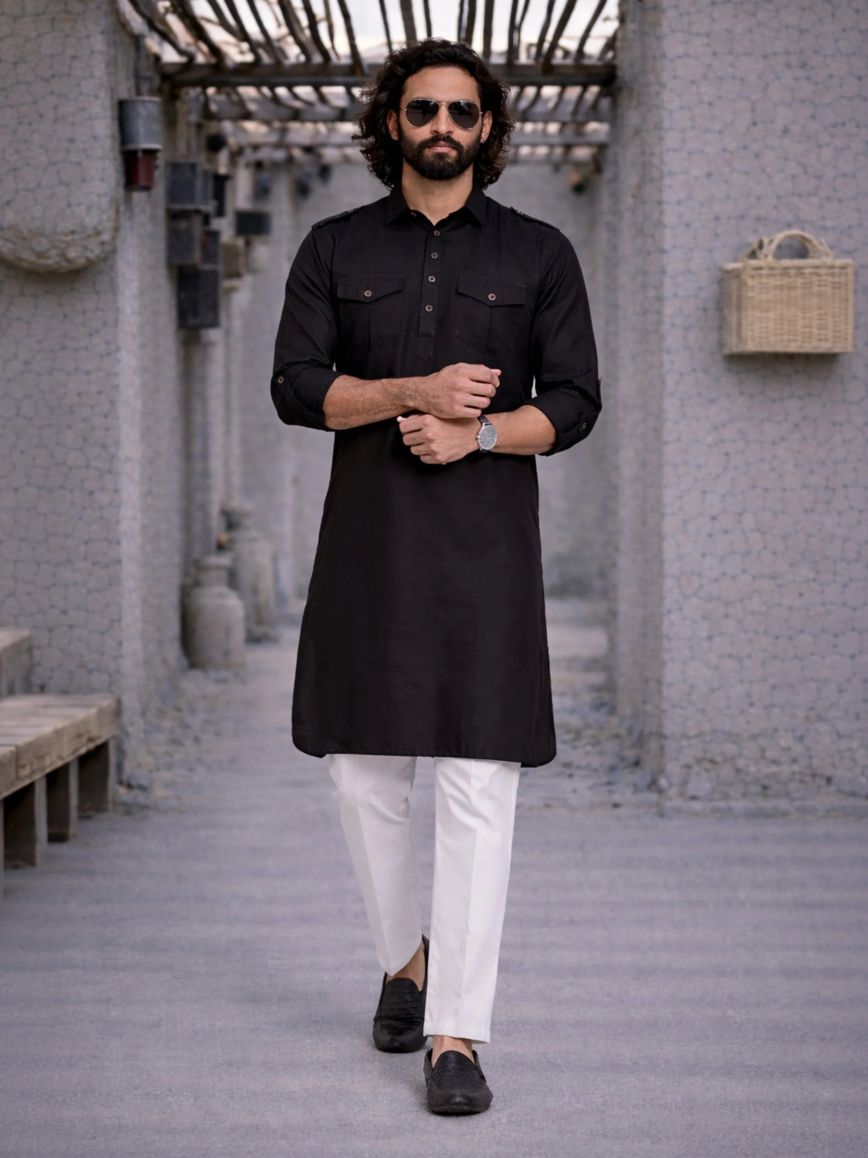 Men's Black Pathani Suit With White Pant Set